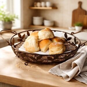 Vintage Style Metal Leaf & Wicker Oval Serving Basket Tray Mid Century Brown